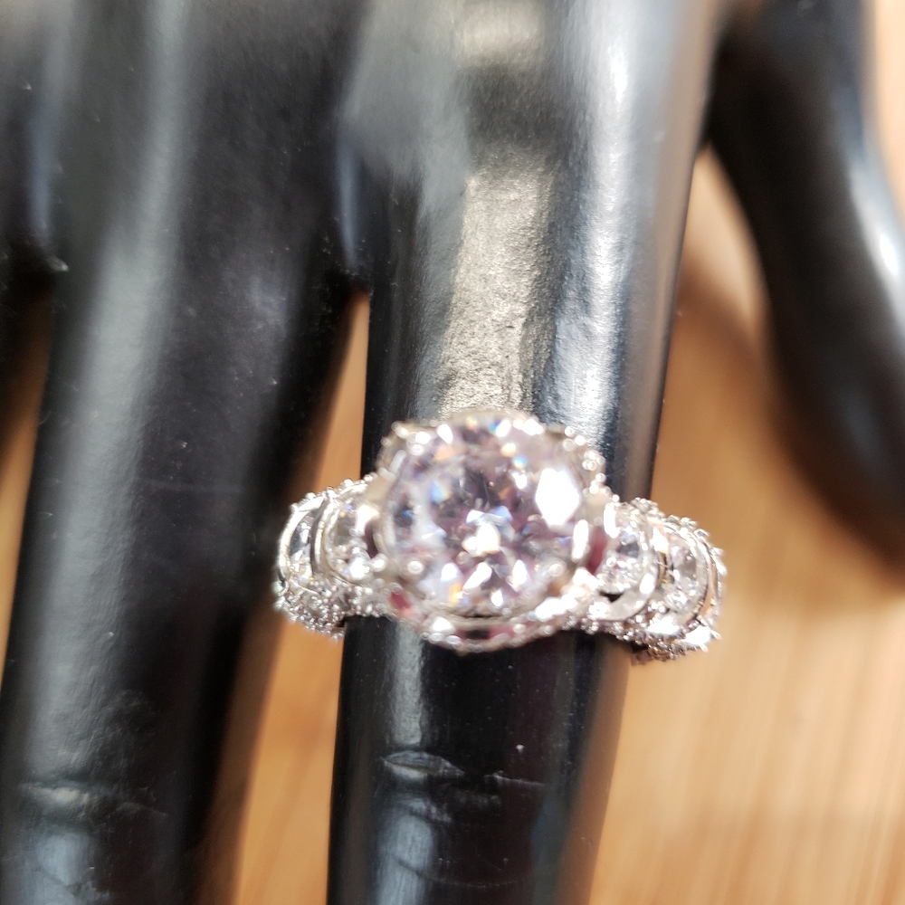 Sterling Silver CZ Engagement Style Ring with CZs Band Size 6.5 Signed PMJ 925